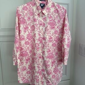 Lands End Womens Shirt 14 TALL No Iron Softest Supima Cotton Cream and Pink